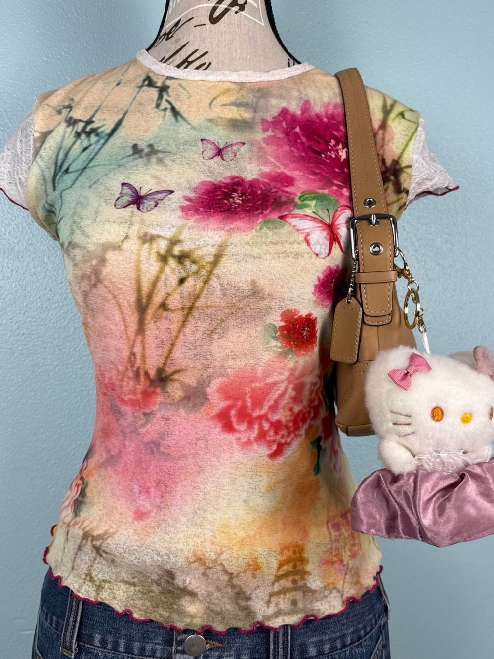 Vintage Y2K Floral Butterfly Printed Sheer Short Sleeve Top Women’s Size Medium